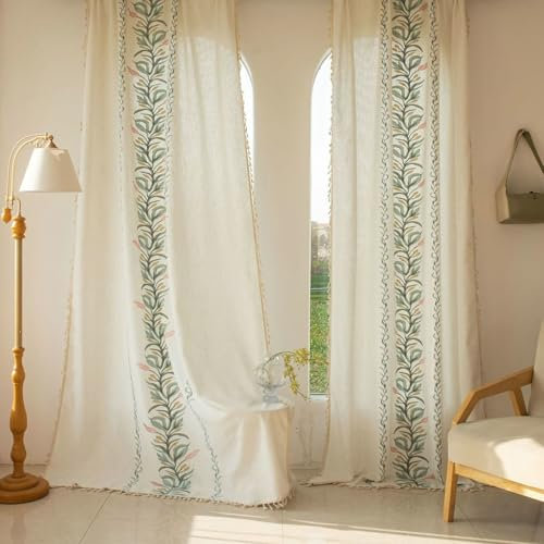 Homxi Vorhang Halb Blickdicht Kinder 2 Stück,2 x 140W x 280H cm,Gardinen Beige Grün Rosa Wohnzimmer Blumenblätter Muster mit Quasten Vorhänge Wohnzimmer mit Ösen