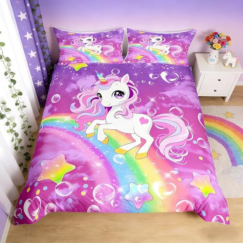 Homemissing Einhorn Bettwäsche-Set Kids Cute Dreamy Pferd Bettwäsche Set 135x200cm für Jungen Teens Regenbogen Bettbezug Set Cartoon Star Druck Lila Bettbezug Zimmer Dekor