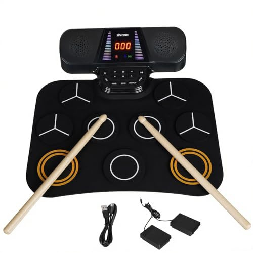 RVONE Electronic Drum Pad for Kids Beginner with Screen, 9 Pad Roll-Up Electric Drum Set with 5 Light Mode, Built-in 2 Powerful Speakers, for 3-12 Boys Girls Chritsmas Gift