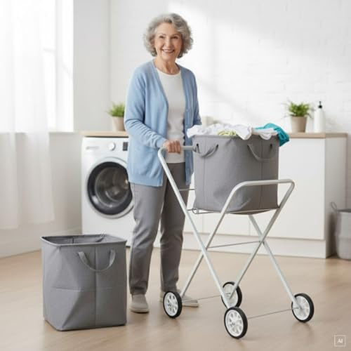 abc HOME | Wäschekorbwagen Klappbar mit Rollen – 92 cm Hoch – Mobiles Wäschekorbgestell aus Metall – Weißer Haushaltswagen mit Ablagefläche