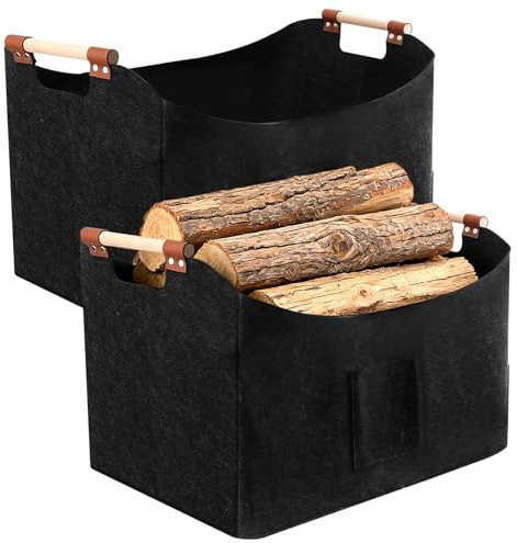 YIXNSW 2 Stück Holzkorb für Kaminholz, Brennholzkorb mit Holzgriffen, 60 x 40 x 40cm Kaminholzkorb für Brennholz und Einkäufe, Dunkelgrau