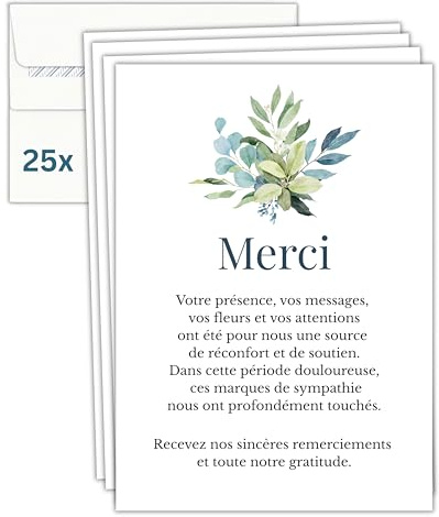 Milijou Set di 25 biglietti + buste per biglietti ringraziamento lutto, condoglianze ossessionate funerali, formato cartolina, carta da 350 g, design sobrio ed elegante