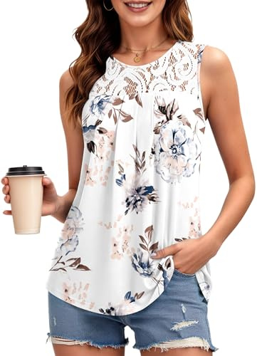 PLMOKEN Canotta Donna Estiva con Pizzo, Canotte Estive Senza Maniche, Top Elegante Lungo, Abbigliamento Estivo Blusa per Donne Nuovi Fiori WT M