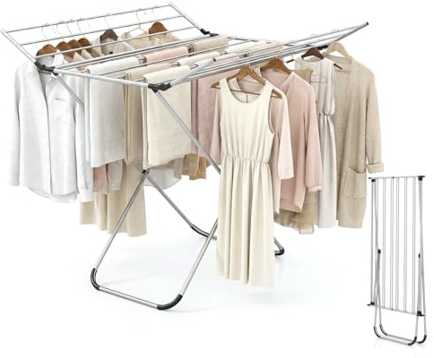 Tangkula Aluminum Clothes Drying Rack, Folding Laundry Rack with Sturdy Frame, Foldable Wings & 14 Drying Poles, Space-Saving, Freestanding Drying Rack for Indoor & Outdoor Use