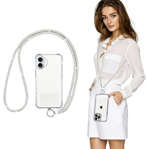 JYSNOW Diamante Pieno Cordino per Cellulare, Cordino per Cellulare con Glitter, Laccio per Cellulari da Collo Regolabile Laccetto per Toppa Elegante Adatto a Tutti Gli Smartphone (Argento)
