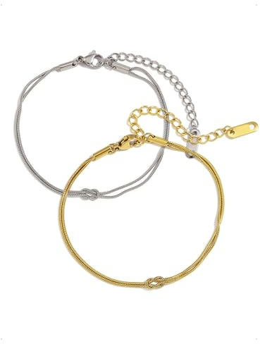 KONFEN 2 Piezas Pulsera Mujer Nudo de Amor Cadena de Serpiente Set, Titanio Chapado Oro 18K, Pulseras Ajustable Doble Capa Apilables Elegante Bracelet Joyería Joyas Parejas Amor Amistad, Dorado Plata