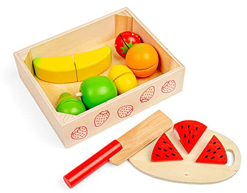 Bigjigs Toys Cutting Fruits Crate, 7 Piece Fruit Set with Knife & Board