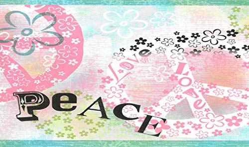 Dundee Deco BD6254 Tapeten Bordüre, vorgeklebt, für Kinder, Pink, Weiß, Grün, Schwarz, Peace, Love, Tapetenbordüre Retro-Design, 4,57 m x 17,78 cm