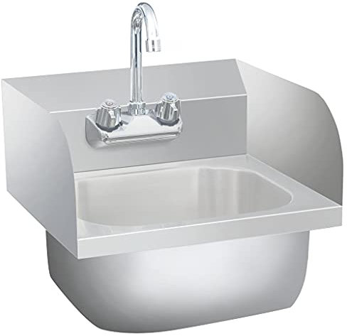 vidaXL Commercial Hand Wash Sink with Hot and Cold Water Faucet - Wall-Mounted Stainless Steel Kitchen and Workshop Sink, Silver