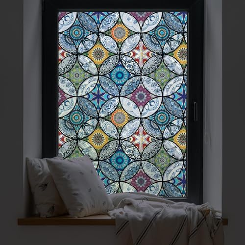 dktie Dekorfolie Glasmalerei Fensterfolie Sichtschuzfolie Milchglasfolie Kreise Statisch Haftend Privatsphäre Fensteraufkleber (Blau, 90 x 200 cm)