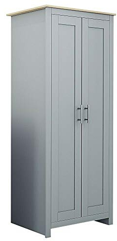 FWStyle Westbury Traditional 2 Door Wardrobe, Bedroom Furniture, Solid Oak Wardrobe With Metal Handles Soft Matt Grey & Light Oak