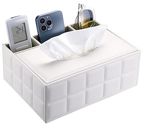 SUMTREE - Caja de pañuelos de Piel sintética Rectangular con 3 Compartimentos Organizador de Escritorio para Mando a Distancia (Blanco)