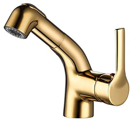 Ksunun Wasserhahn Bad mit Amusziehbarer Brause Waschtischarmatur 2 Modi Kaltes- heißes Wasser Mischbatterie Waschbecken Bidetarmatur, Messing,Gold