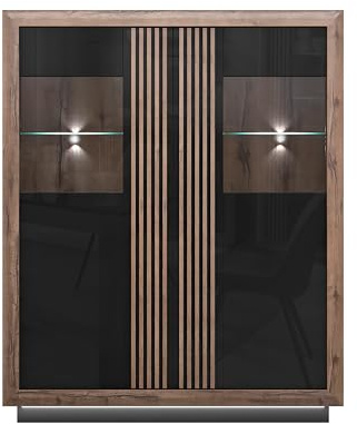 Forte Savona Vitrine 130 140 mit 2 Türen, Elegante Wohnzimmervitrine, Standvitrine, Holzwerkstoff in Schwarz/Edeleiche Holzdekor, Schwarz Hochglanz, 133 cm breit x 161,8 cm hoch x 42,3 cm tief