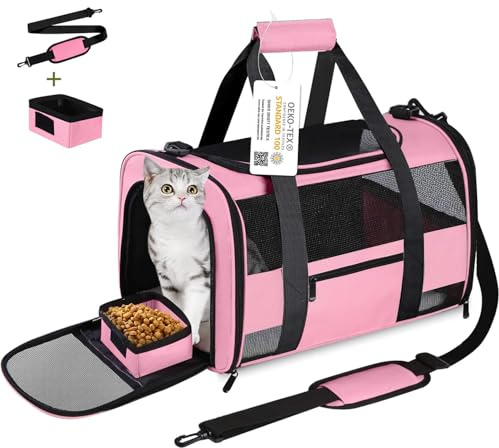 Seclato Transportbox für Katzen, Fluggesellschaften zugelassen für kleine Hunde, Kätzchen, für kleine, mittelgroße Katzen unter 6,8 kg, faltbar, weiche Seiten, TSA-geprüft, Rosa