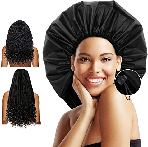 Auban Extra Large Shower Cap, Double-Layer Waterproof Reusable, XL Satin Lining Shower Bonnet for Women Thick, Long Hair, Locs, Braids(Adjustable)