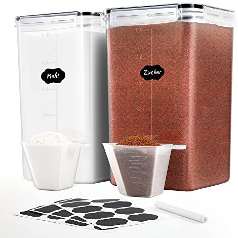 Surejoy 6,5L Groß Vorratsdosen mit Deckel Luftdicht 2er Set, Etiketten und Löffel, BPA Frei Plastik Aufbewahrungsbox Küche Organizer, Zucker Mehl Aufbewahrung Vorratsbehälter