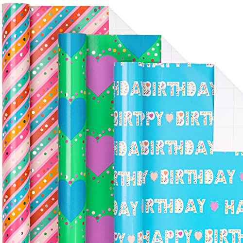 Holijolly Geburtstag Wrapping Paper Roll.Mini Roll Happy Birthday-Schriftzug/Herz/Streifendesign, Kinder Geschenk Wrapping auf 43.2 cm X 3.05 m, 3 Rollen (42.5 sq.ft.ttl.)