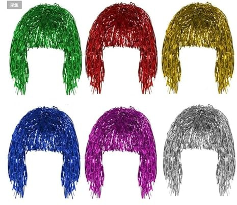 6 Stück Folie Lametta Perücken, Silvester Discokugel Fancy Dress Shiny Party Perücke, Haarteil Lametta Perücken, Erwachsene Männer Frauen Cosplay Kopfbedeckung Maskerade Perücken Party Zubehör