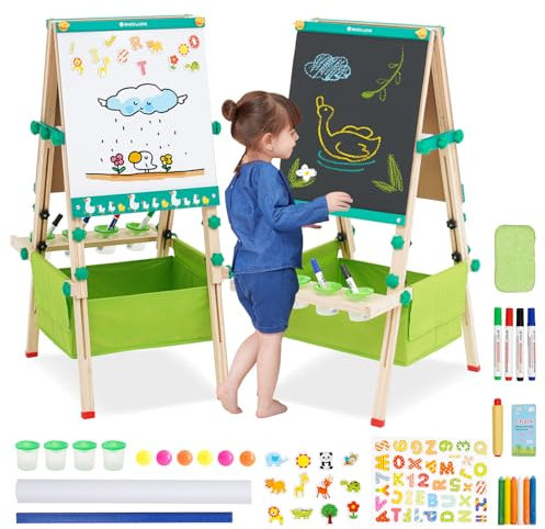 Kinder Spiel-Tafel aus Holz | Randloses Design Doppelseitige Kindertafel Höhenverstellbar mit Papierrolle, Kreidetafel, Whiteboard & Rolle Malpapier 48 cm x 40cm Ersatzpapierrolle für die Spiel-Tafel