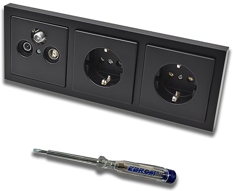 Busch Jäger SET: Unterputz 3Loch Dose 47-2150 MHz, Enddose Stichdose, Radio/TV/SAT-Kompatibilität + Future Linear Schwarz Matt Rahmen + 2x Steckdose 20EUC-84 + EBROM Phasenprüfer zur Montage d. Geräte