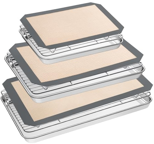 EWFEN Baking Sheet Tray Cooling Rack with Silicone Mat Set, Stainless Steel Cookie Pan For Oven, Set of 9 (3 Sheets + 3 Racks Mats), Warp Resistant & Heavy Duty Easy Clean, Grey