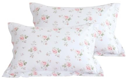QSH 100% Cotton Floral King Pillow Cases Set of 2, Shabby Vintage Chic Rose Flower Print Pattern Luxury Cotton Bedding Pillow Shams, Envelope Closure Pillow Covers, 20x36