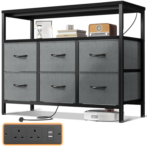 ODK Chest of Drawers Bedroom with 6 Drawers, Fabric Storage Drawers with 2 USB and 2 Sockets, Dresser Suitable for Bedrooms, Living Rooms, Sturdy Storage Dresser with Shelves, Black