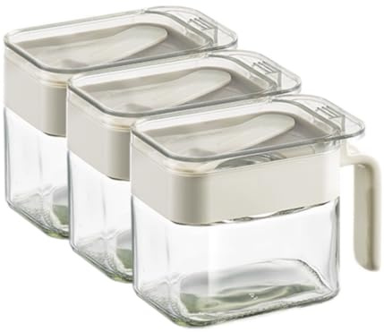 DAHUITX Condiment Jar Spice Container, Sugar and salt container set，Glass Seasoning Box with Spoon Dustproof Lid and Handle,for Kitchen, Counter,Food Storage,10oz Set of 3(grey)
