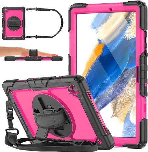 DAORANGE Funda para Samsung Galaxy Tab A8 10.5 2021 (SM-X200/X205/X207), Funda Resistente con Protector de Pantalla, [Soporte Giratorio 360°] [Correa de Mano y Hombro] (Negro/Rosa)