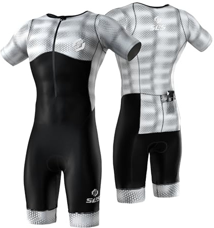 SLS3 Triathlon Suits Mens - Aerodynamic Sleeved Tri Suit Men – Lightweight Trisuit with Premium FX Fabrics - 2 Pockets (Blur, X-Large)