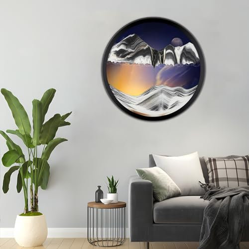Cadre Sable Mouvant, Sablier de Relaxation 3D Verre Rond, Image d'art de Sable en Mouvement, Peinture de Sable Qui Coule Paysage de Sable de La Mer Profonde pour la Maison, le Bureau, le Café