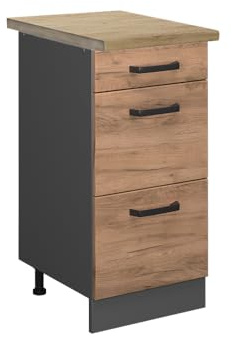 Vicco Küchenunterschrank R-Line, Goldkraft Eiche, 40 cm | 3 Schubladen · AP Eiche inkl. · Höhenverstellbare Füße · ✓ Leichter Zugriff · ✓ Frei kombinierbar