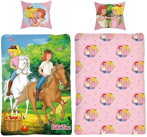 BERONAGE Bibi and Tina Children's Duvet Cover Bedding Set Horses - 135 x 200 cm + 80 x 80 cm - 100% Cotton Renforcé Linen - Bed Linen with Motifs of Amadeus & Sabrina - Riding - Zip - German Size