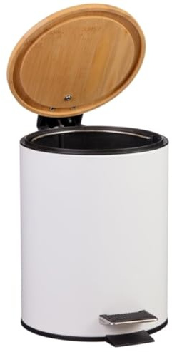 FAHD TRADERS 3L Bamboo Pedal Bin | Soft Close Bathroom Bin with Bamboo Lid | Eco-Friendly, Fingerprint-Resistant, Anti-Slip Base | White Matte Finish Waste Bin