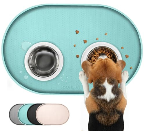 Conlun Napfunterlage Hund,1,2cm Hohe Ränder Futtermatte Katzen zur Vermeidung von Verschüttungen,BPA-Freie Silikonmatte mit Rand Gummi-Hundenapf Unterlage für Futter-und Wassernäpfe(Türkis,60x40cm)