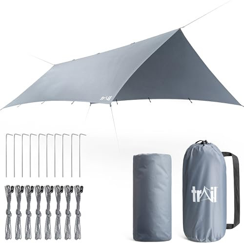 Trail Camping Tarp Shelter 4m x 3m, Lightweight Waterproof 4000mm HH, UPF50+ UV Protection, Portable Heavy Duty Outdoor Camp Rain Fly Tarpaulin, Sun Hammock Canopy with Pegs, Guy-Lines, Bag (No Poles)