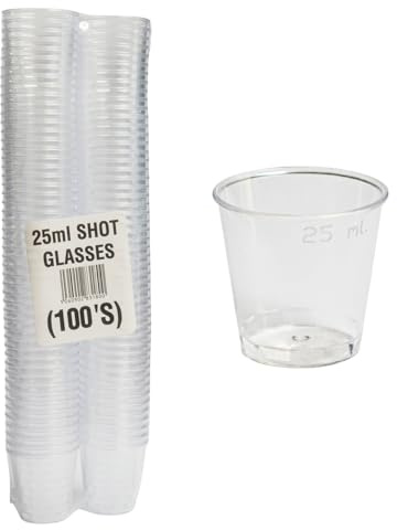 Sunrise Packaging Pack of 100 - Resuable Plastic Shot Glasses, Dessert Glass, 25ml Strong Durable Crystal Clear Shot Cups, Sample Testing Cups, Cocktails
