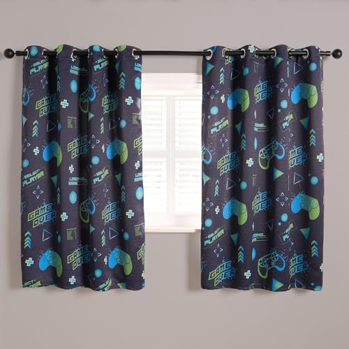OHS Kids Blackout Curtains Eyelet, Green & Blue Gaming Honeycomb Print Thermal Insulated Curtains Light-Blocking 2 Panel Boys Curtain For Bedroom & Playrooms, 46x54In