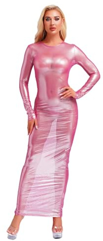 TiaoBug Damen Wetlook Lack Leder Kleid Transparent Maxikleider Stretch Figurbetond Bleistiftkleider Langarm T-Shirt Shirtkleider Freizeitkleid Reizwäsche