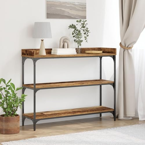 Brokky 863567 Console Table in Legno Antico 100x30x80 cm in Legno Ingegnerizzato e Acciaio Tavolo da Console con Ripiani,Tavolino Vintage,Mobile Ausiliario in Legno,per Soggiorno,Ingresso,Corridoio