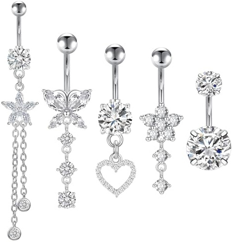 Kunaxku 5 piezas Piercing para el ombligo 14G hipoalergénico Piercing para el ombligo acero quirúrgico joyería para mujeres y hombres (plata)