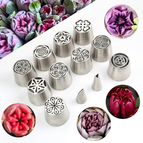 22 Pcs Stainless Steel Extra Large Russian Tulip Flower Icing Tips Set, 10 XXL Piping Nozzle,1 Big Leaf Tip,1 Petal Rose Flower Tip,10 Disposable Pastry Bags for Cake Decorations