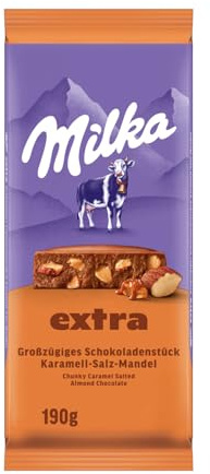 Milka Extra Karamell-Salz-Mandel Tafelschokolade, 190 g | Alpenmilch Schokoladenriegel mit Karamellstückchen, Mandeln & einer Prise Salz, einzeln verpackt für Frische