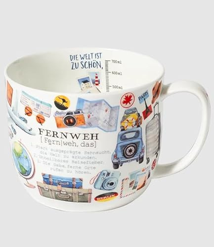 Kaffeebecher Fernweh, 700 ml, Kaffeetasse Tassen Teetassen Kaffeepott Henkelbecher, Urlaub Reiselust