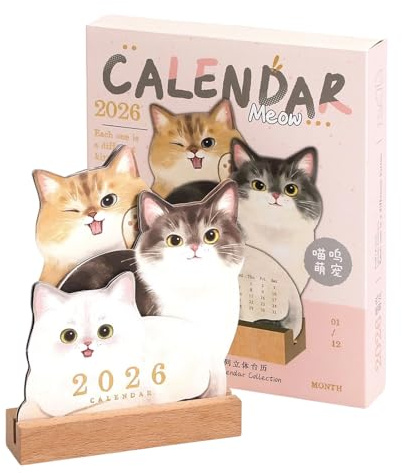 Mini Kalender 2026, Katzen Tischkalender 2026, Kleine Katzenkalender Mit Holzsockel, Süße Monatsplaner Mit Notizzettel, Geschenke Für Frauen Männer