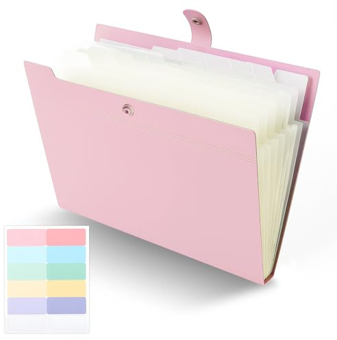 Thboxes Fächermappe A4, Erweiterbare Dokumentenmappe mit 12 Fächer, Wasserdichte Ordnungsmappe Mappe mit Fächern Dokumententasche A4 Mappen Ordnersystem für Schule Büro Zuhause (Rosa)