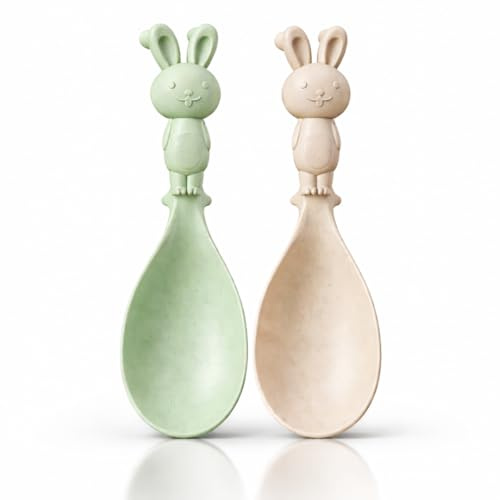 Set di 2 cucchiai da riso, graziosi cucchiaini da coniglio in plastica, in crema e verde pastello, con base di appoggio, cucchiaio da cucina per riso, padella e pentola, 20,5 cm