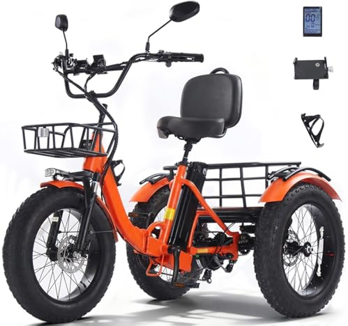 KAKIGO Elektro-Dreirad Für Erwachsene,Fat Tires Elektro-Dreirad,250W Motor,95 Nm,48V 18/10.4Ah Akku,20 Km/h, Vorder-&Hinterkorb,Differenzial,90/50Km Reichweite,Differential