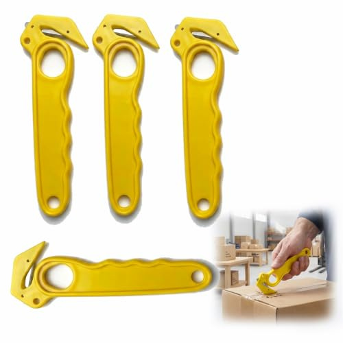 Lot de 4 Cutter Couteau Crochet, Cutter Professionnel Jaunes | Outil de Découpe Précision pour Carton, Film Bulle, Plastique, Entrepôt et Stock